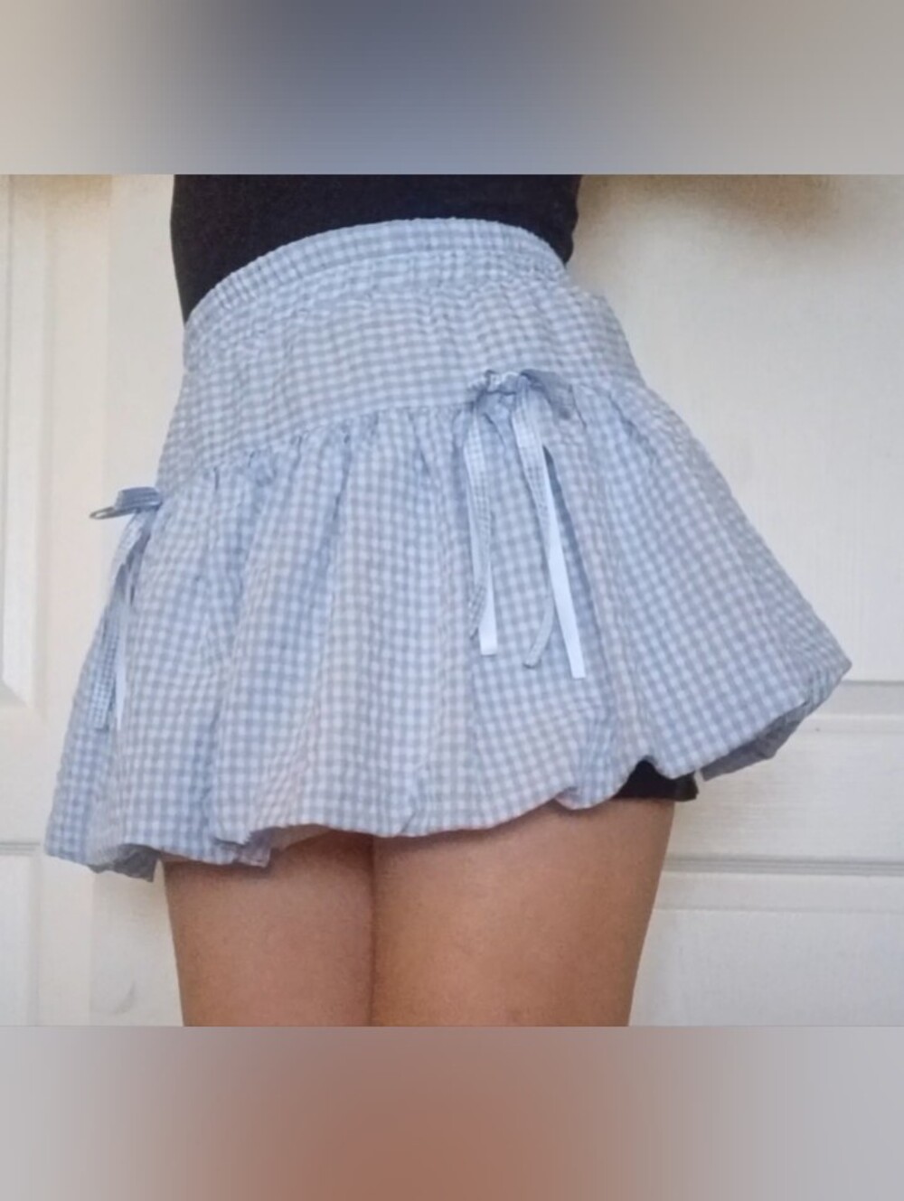 Light blue plaid bubble skirt with bows